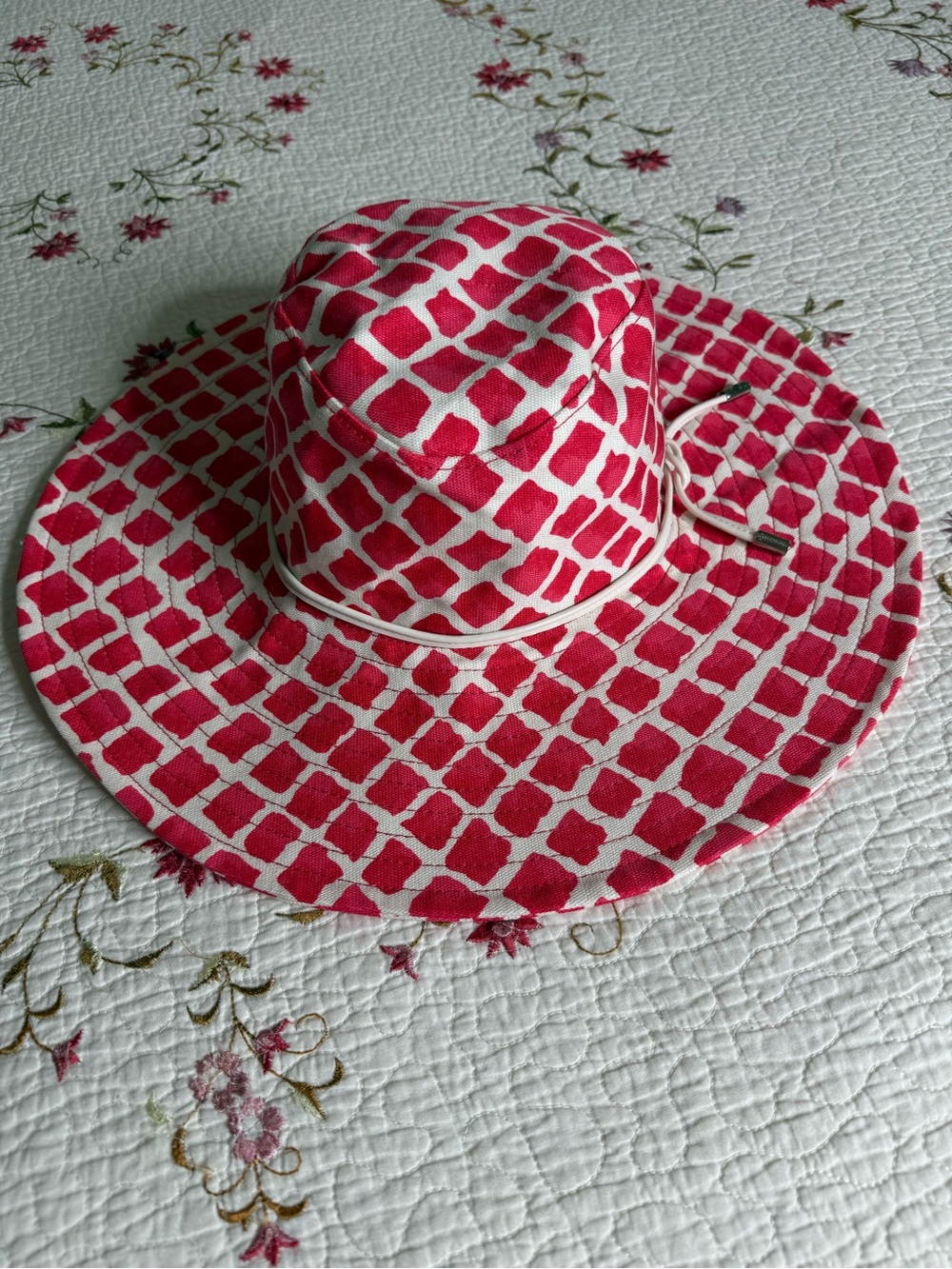 Coach Full Brim Beach Hat Cotton Canvas Sun Pink & Cream Tile Pattern Size M|L